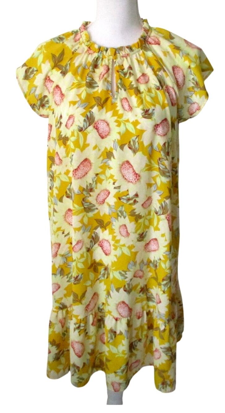 Lauren Conrad Women's Yellow Floral Print Cap Sleeve Ruffle Bottom Dress Size S.